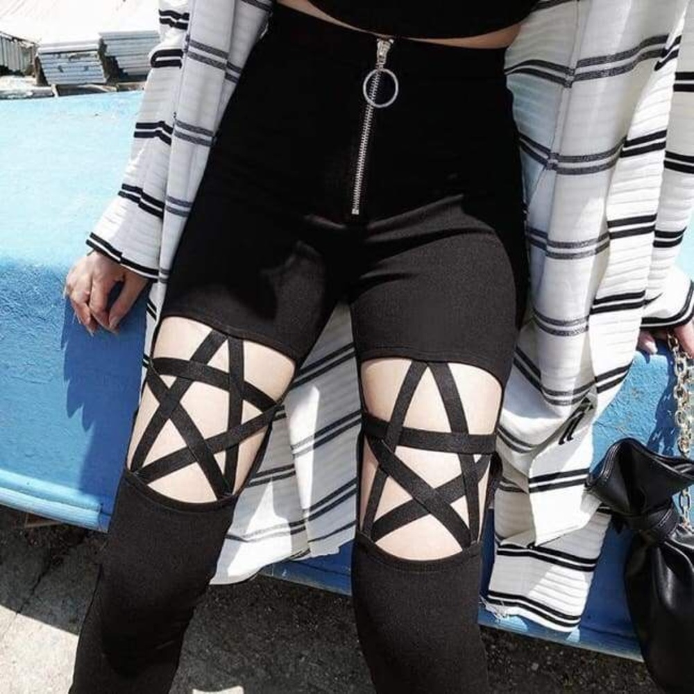 High Waist Ring Zip Pentagram Leggings